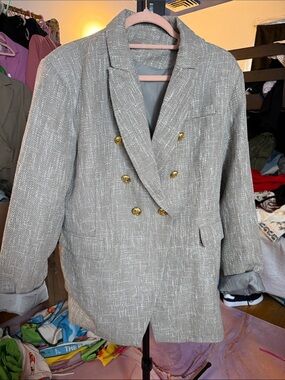 Womens Gray Textured Double-Breasted Blazer with Gold Buttons